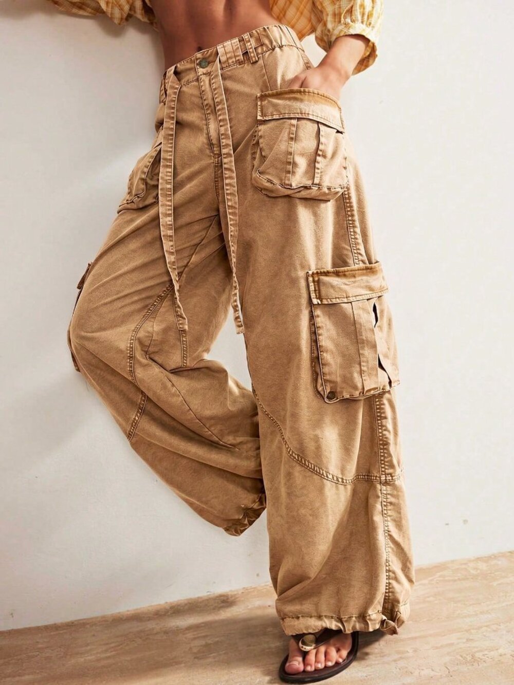 Brown Casual Women's Woven Loose Cuffed Low Waist Loose Long Pants - Picture 5 of 10